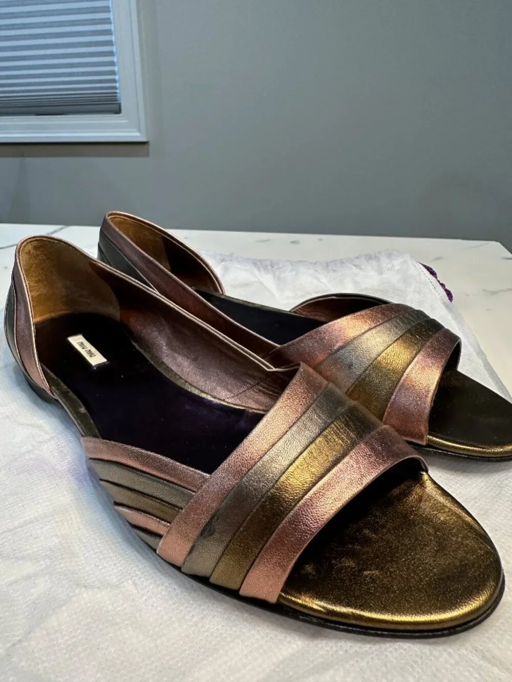 Miu Miu Metallic Multi-Tone Leather D'Orsay Open Toe Flats 37.5 / 7.5